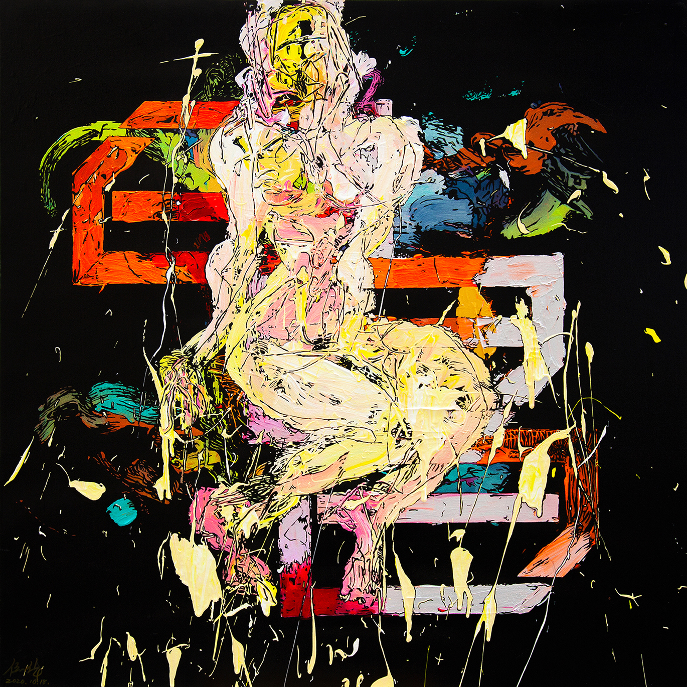 橘黄色线框前的人影 100x100cm 布上丙烯 2021.jpg